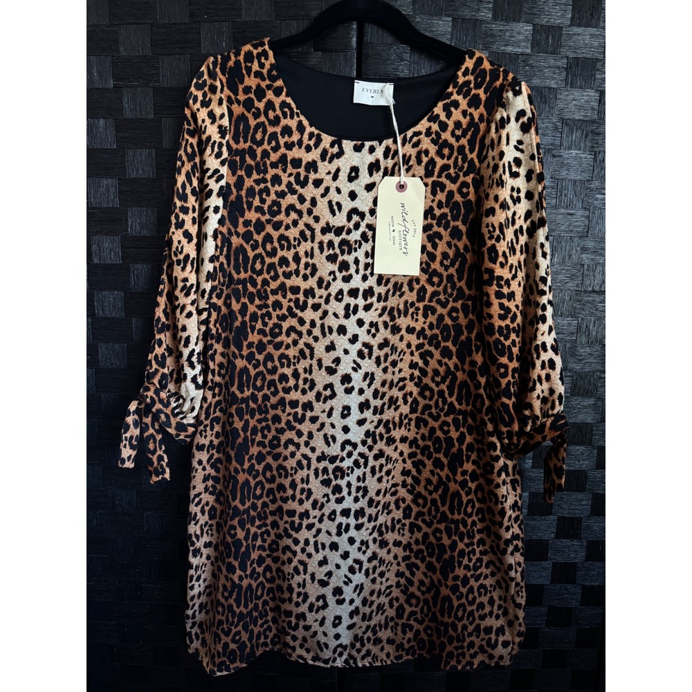 Everly Shift Dress Women Small Brown Leopard Print 3/4 Tie Sleeve DR9098 NEW